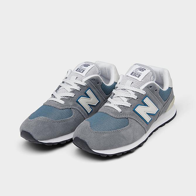 Three Quarter view of Boys' Little Kids' New Balance 574 Casual Shoes in Grey/Sky Blue Click to zoom