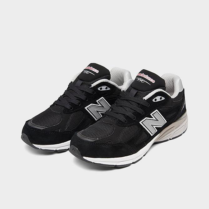 Three Quarter view of Little Kids' New Balance 990V3 Casual Shoes in Black/Grey Click to zoom