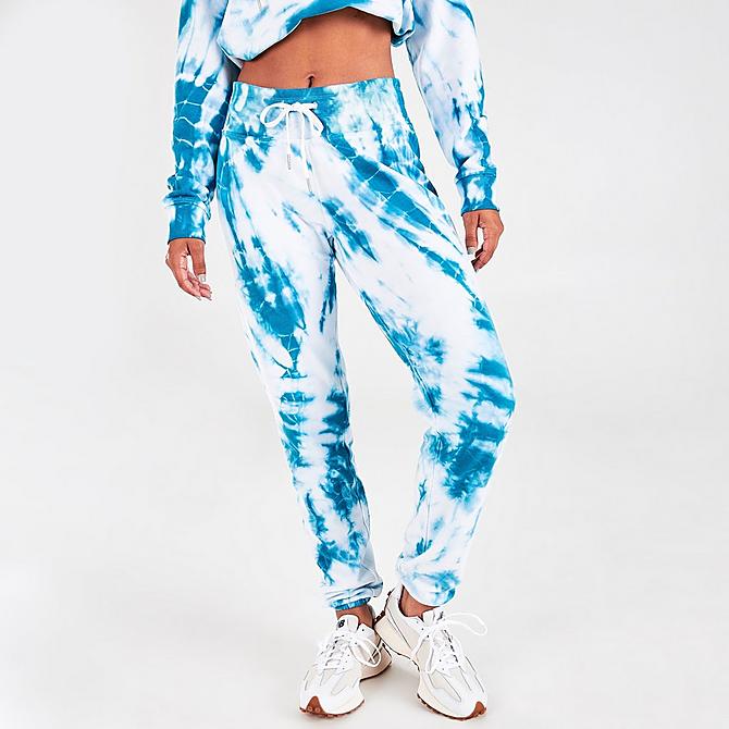 Front Three Quarter view of Women's Calvin Klein Performance Tie-Dye Jogger Pants in White/Blue Click to zoom