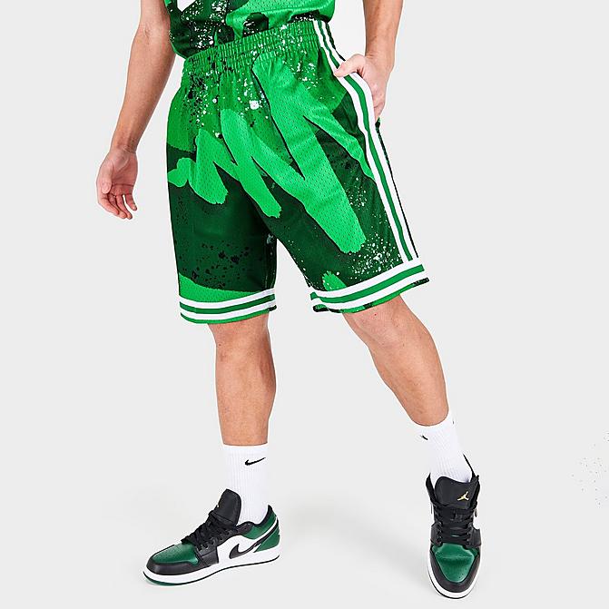 Front view of Men's Mitchell & Ness Boston Celtics NBA Hyper Hoops Swingman Shorts in Green Click to zoom