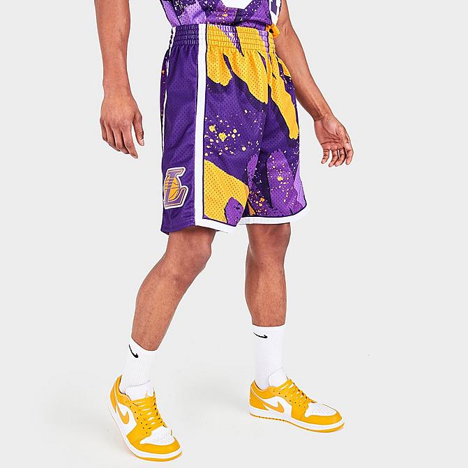 Front view of Men's Mitchell & Ness Los Angeles Lakers NBA Hyper Hoops Swingman Shorts in Purple Click to zoom