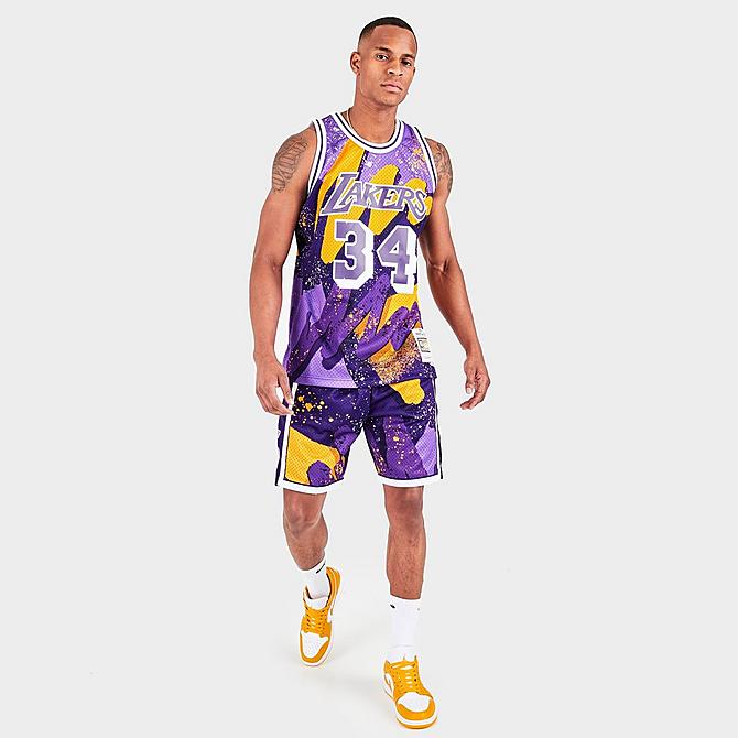 Front Three Quarter view of Men's Mitchell & Ness Los Angeles Lakers NBA Hyper Hoops Swingman Shorts in Purple Click to zoom