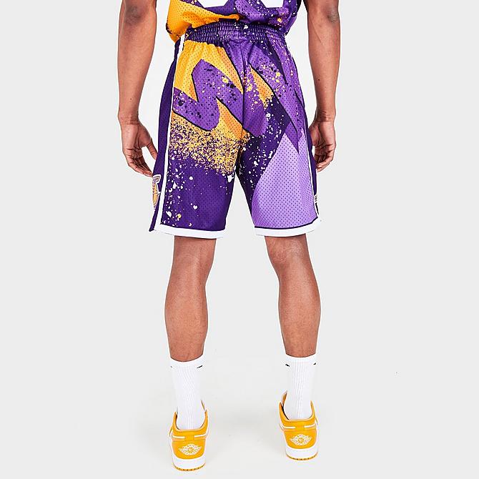 Back Right view of Men's Mitchell & Ness Los Angeles Lakers NBA Hyper Hoops Swingman Shorts in Purple Click to zoom