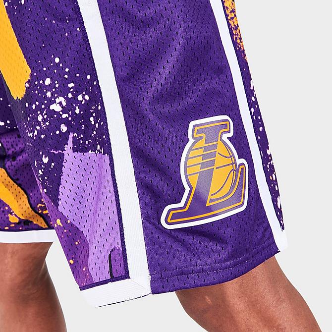 On Model 6 view of Men's Mitchell & Ness Los Angeles Lakers NBA Hyper Hoops Swingman Shorts in Purple Click to zoom