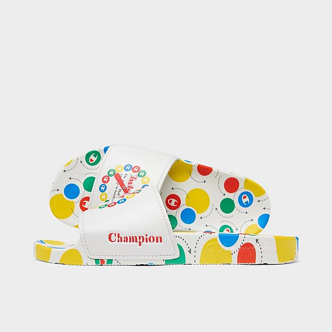 Right view of Big Kids’ Champion x Hasbro Twister IPO Slide Sandals in White/Multicolor Click to zoom