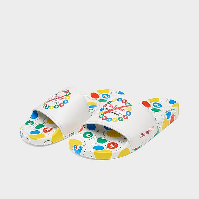 Three Quarter view of Big Kids’ Champion x Hasbro Twister IPO Slide Sandals in White/Multicolor Click to zoom