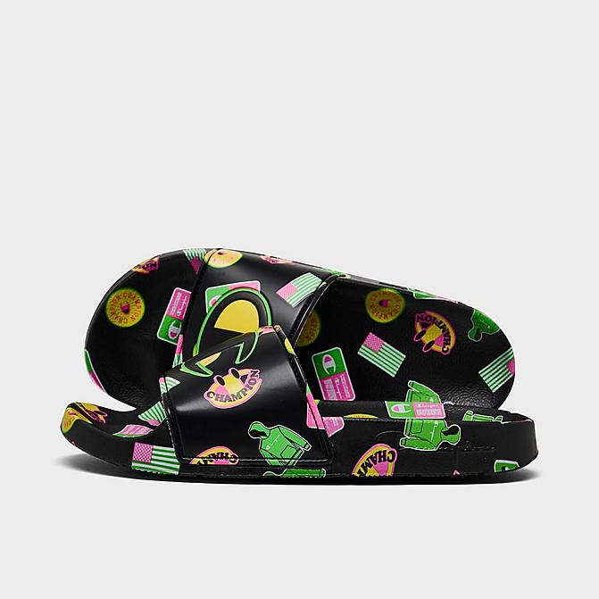 Right view of Little Kids' Champion IPO Catch Print Slide Sandals in Black/Multi Click to zoom