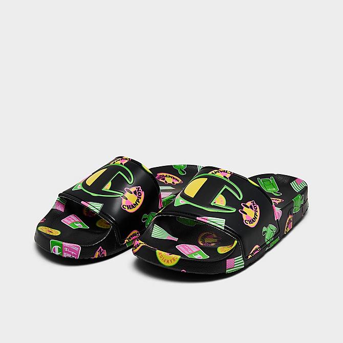 Three Quarter view of Little Kids' Champion IPO Catch Print Slide Sandals in Black/Multi Click to zoom