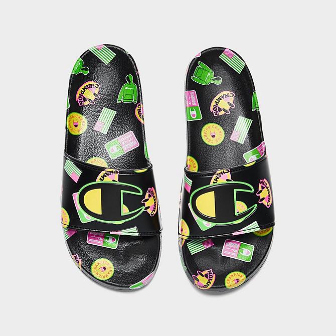 Back view of Little Kids' Champion IPO Catch Print Slide Sandals in Black/Multi Click to zoom