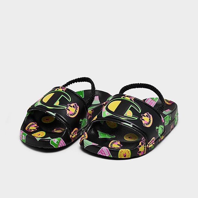 Three Quarter view of Kids’ Toddler Champion IPO Catch Print Slide Sandals in Black/Multi Click to zoom