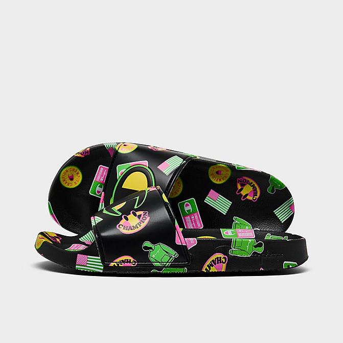 Right view of Big Kids' Champion IPO Catch Print Slide Sandals in Black/Multi Click to zoom