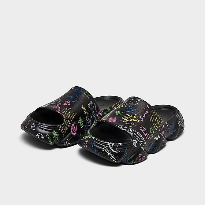 Three Quarter view of Little Kids' Champion Meloso Squish Doodle Slide Sandals in Black Click to zoom
