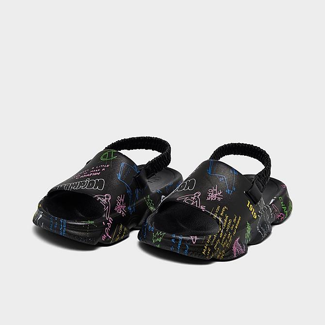 Three Quarter view of Kids' Toddler Champion Meloso Squish Doodle Slide Sandals in Black Click to zoom