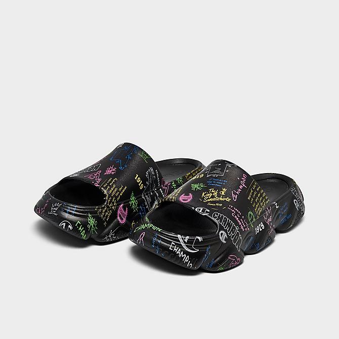 Three Quarter view of Big Kids' Champion Squish Doodle Slide Sandals in Black/Multi Click to zoom