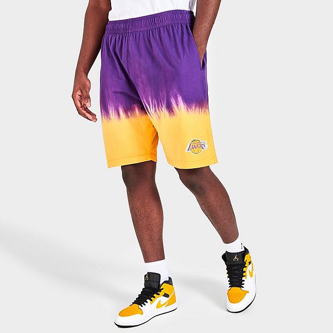 Front view of Men's Mitchell & Ness Los Angeles Lakers NBA Tie-Dye Fleece Shorts in Yellow/Purple Click to zoom