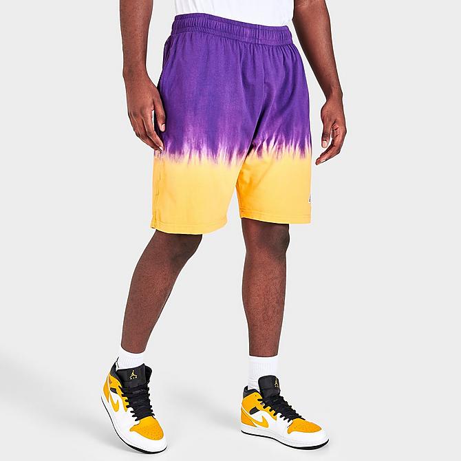 Back Left view of Men's Mitchell & Ness Los Angeles Lakers NBA Tie-Dye Fleece Shorts in Yellow/Purple Click to zoom