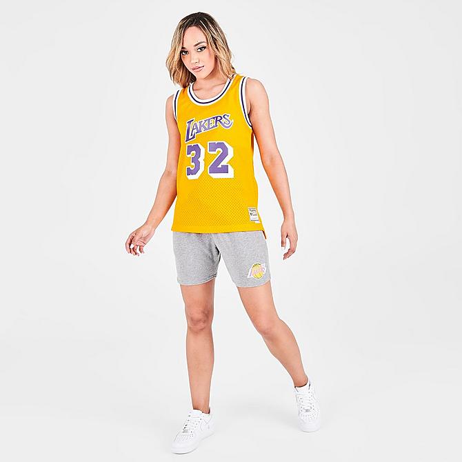 Front Three Quarter view of Women's Mitchell & Ness Los Angeles Lakers NBA Fleece Shorts in Grey Click to zoom
