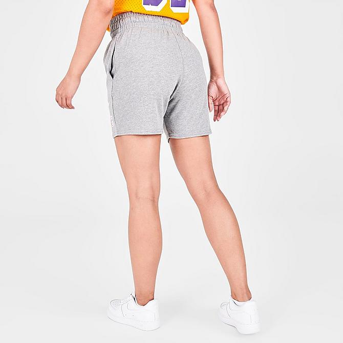 Back Right view of Women's Mitchell & Ness Los Angeles Lakers NBA Fleece Shorts in Grey Click to zoom