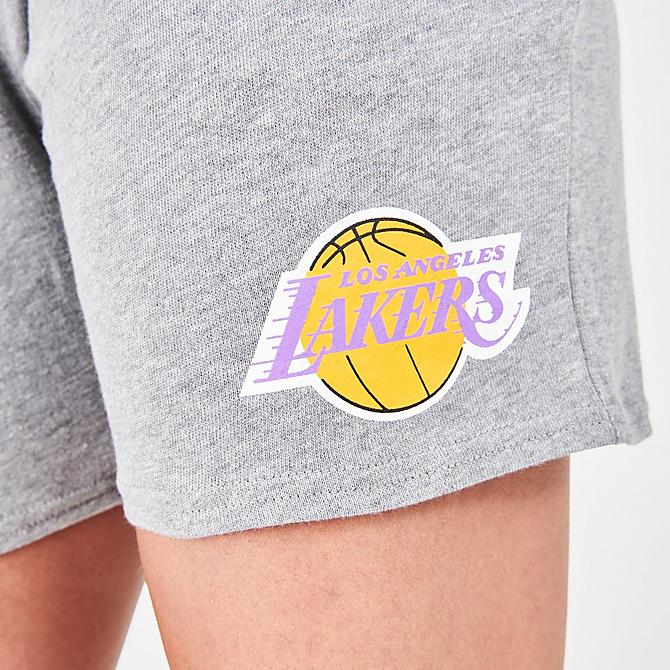 On Model 5 view of Women's Mitchell & Ness Los Angeles Lakers NBA Fleece Shorts in Grey Click to zoom