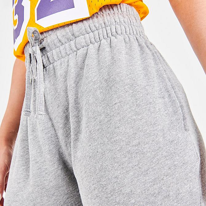 On Model 6 view of Women's Mitchell & Ness Los Angeles Lakers NBA Fleece Shorts in Grey Click to zoom