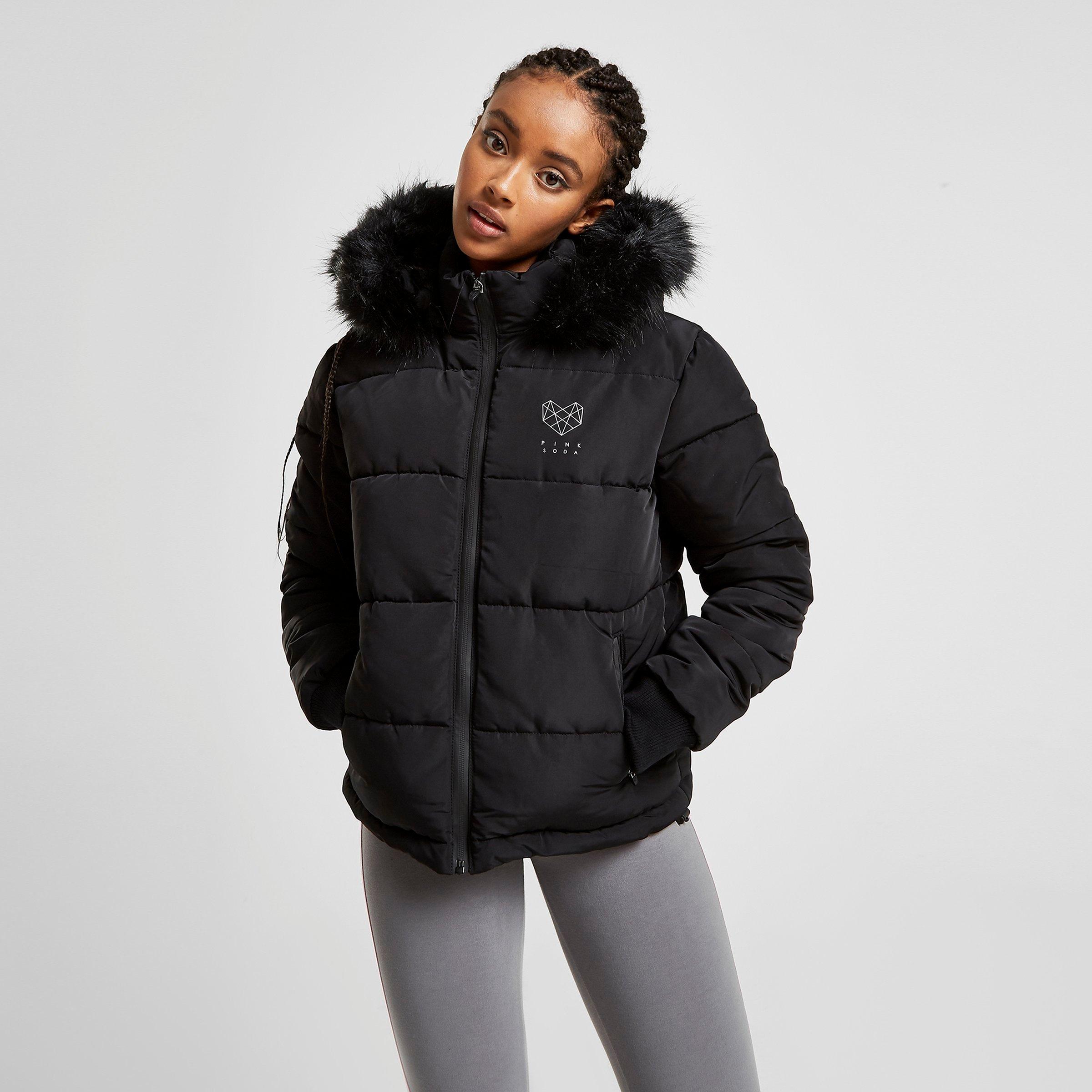 pink puffer jacket with faux fur trim