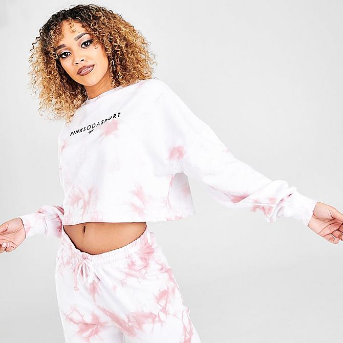 Back Right view of Women's Pink Soda Sport Tie-Dye Crop Crewneck Sweatshirt in Optic White/Light Pink Click to zoom