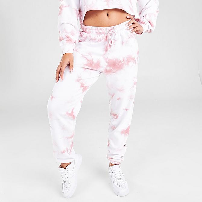 Front Three Quarter view of Women's Pink Soda Sport Tie-Dye Jogger Pants in Optic White/Light Pink Click to zoom
