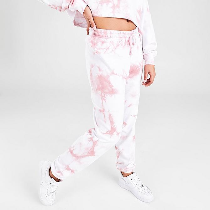 Back Left view of Women's Pink Soda Sport Tie-Dye Jogger Pants in Optic White/Light Pink Click to zoom