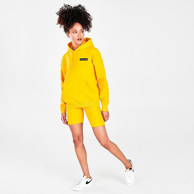 Front Three Quarter view of Women's Pink Soda Sport Logo Patch Hoodie in Bright Citrus Click to zoom