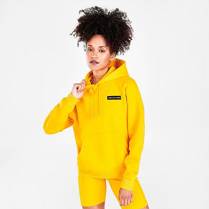 Back Left view of Women's Pink Soda Sport Logo Patch Hoodie in Bright Citrus Click to zoom