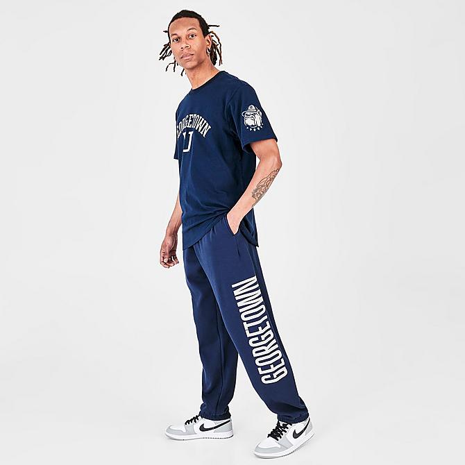 Front Three Quarter view of Men's Mitchell & Ness Georgetown Hoyas College Champs Jogger Pants in Navy Click to zoom
