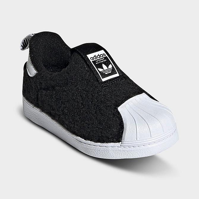 Three Quarter view of Kids' Toddler adidas Originals Superstar 360 Slip-On Casual Shoes in Black/Black/White Click to zoom