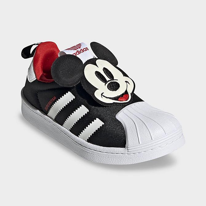 Three Quarter view of Boys' Little Kids' adidas Originals Disney Mickey Mouse Superstar 360 Casual Shoes in Black/White/Vivid Red Click to zoom