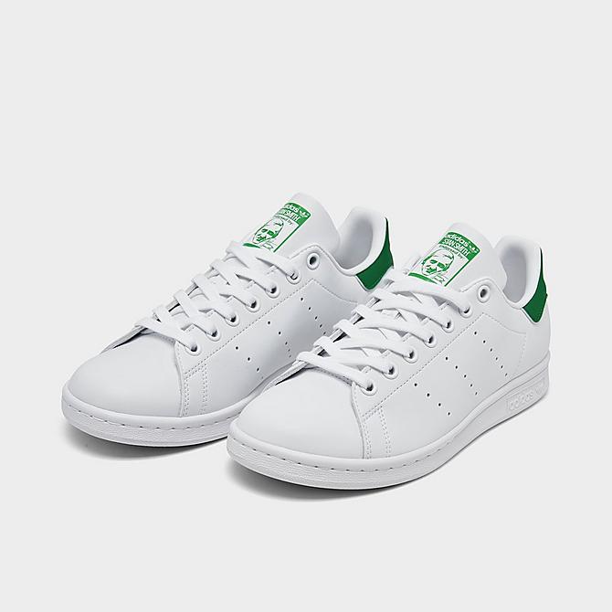 Three Quarter view of Women's adidas Originals Stan Smith Casual Shoes in Synthetic White/Green/White Click to zoom