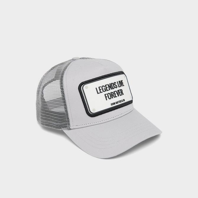 Front view of John Hatter & Co Legends Live Forever Trucker Hat in Grey Click to zoom