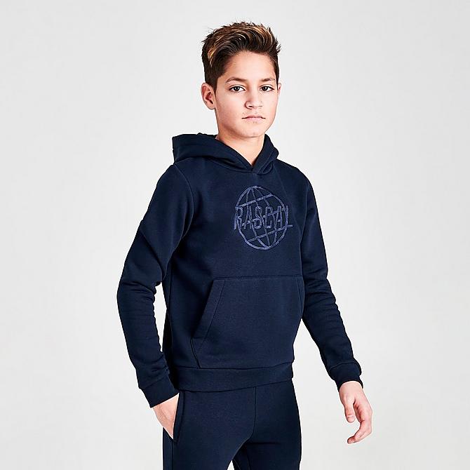 Back Left view of Boys' Rascal Vortex Pullover Hoodie in Navy Click to zoom