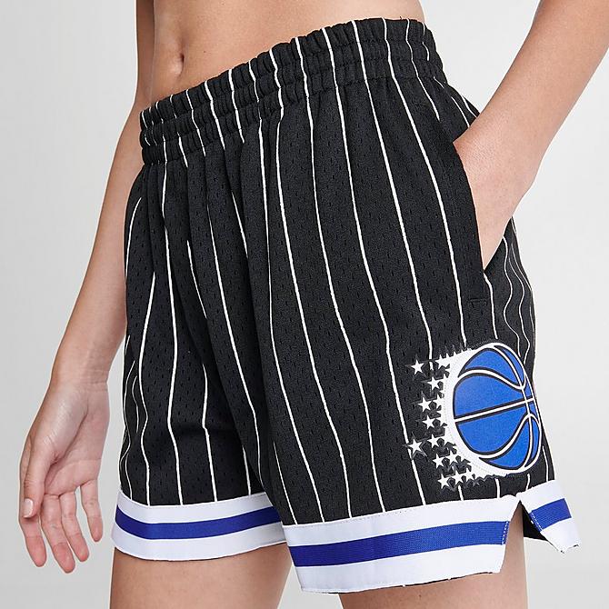 On Model 5 view of Women's Mitchell & Ness Orlando Magic NBA Swingman Shorts in Black Click to zoom