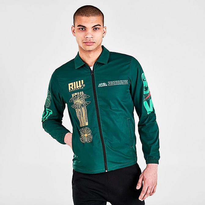 Front view of Riveriswild Water Me Full-Zip Coach Jacket in Green Click to zoom