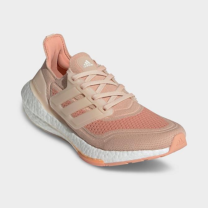 Three Quarter view of Women's adidas UltraBOOST 21 Recycled Primeblue Running Shoes in Halo Blush/Wonder White/Ambient Blush Click to zoom