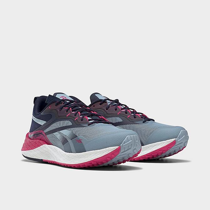 Three Quarter view of Women's Reebok Floatride Energy 3 Adventure Trail Running Shoes in Gable Grey/Pursuit Pink/Vector Navy Click to zoom