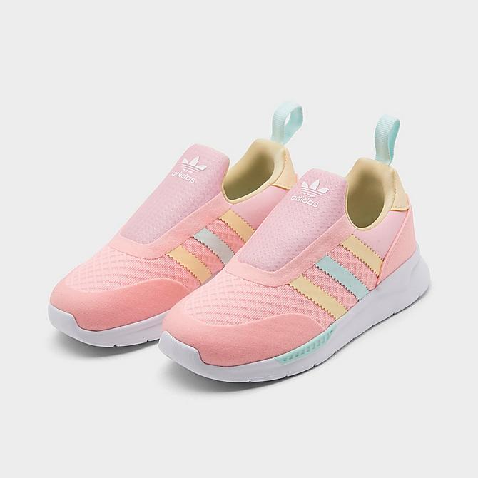 Three Quarter view of Girls' Little Kids' adidas Originals ZX 360 1 Slip-On Casual Shoes in Haze Coral/Easy Yellow/Halo Mint Click to zoom