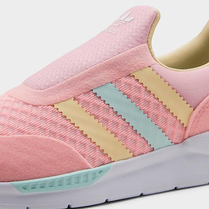 Front view of Girls' Little Kids' adidas Originals ZX 360 1 Slip-On Casual Shoes in Haze Coral/Easy Yellow/Halo Mint Click to zoom