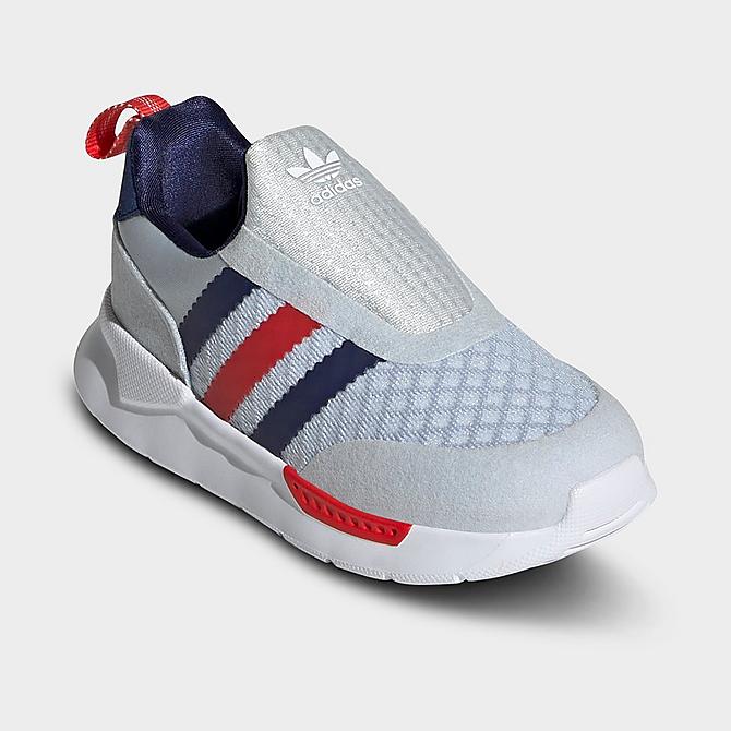 Three Quarter view of Kids' Toddler adidas Originals ZX 360 1 Slip-On Casual Shoes in Halo Blue/Night Sky/Red Click to zoom