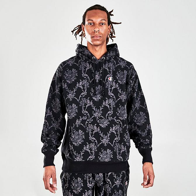 Front view of Men's Champion Reverse Weave Allover Script Print Hoodie in Dark Green Click to zoom