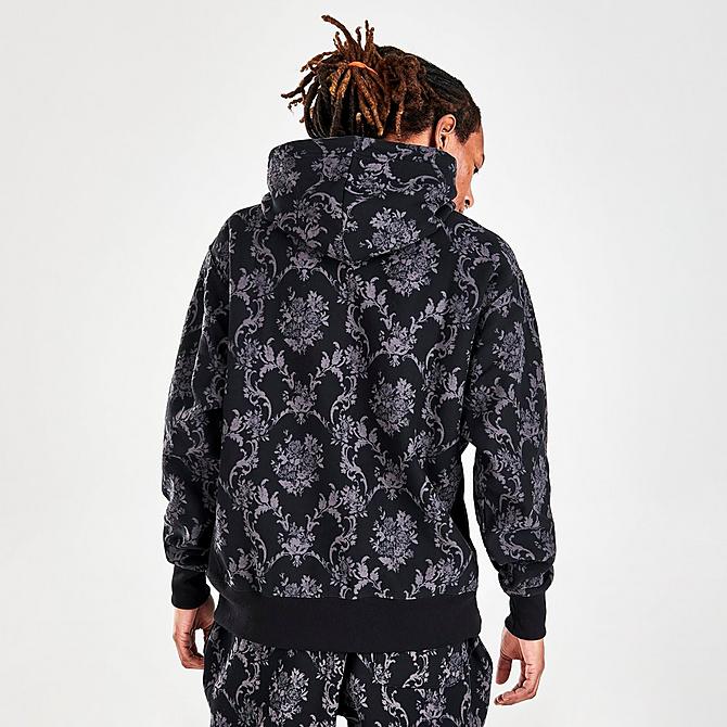 Back Right view of Men's Champion Reverse Weave Allover Script Print Hoodie in Dark Green Click to zoom