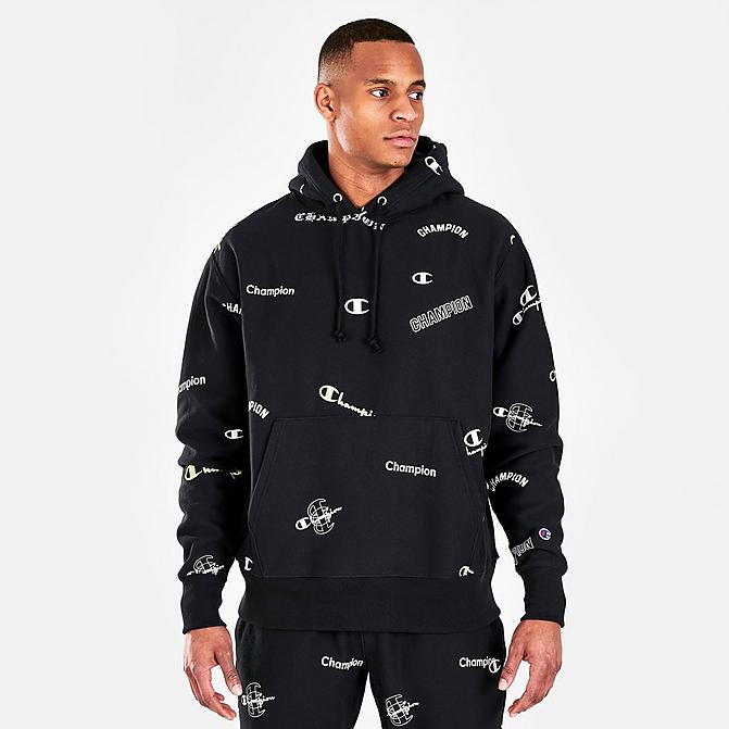 Front view of Men's Champion Reverse Weave All-Over Print Pullover Hoodie in Black Click to zoom