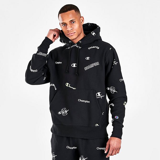 Back Left view of Men's Champion Reverse Weave All-Over Print Pullover Hoodie in Black Click to zoom