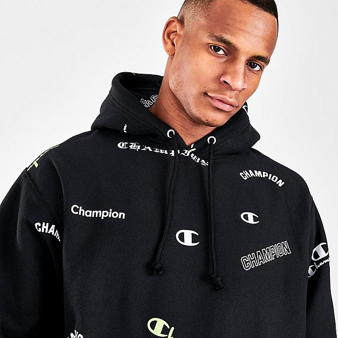 On Model 5 view of Men's Champion Reverse Weave All-Over Print Pullover Hoodie in Black Click to zoom