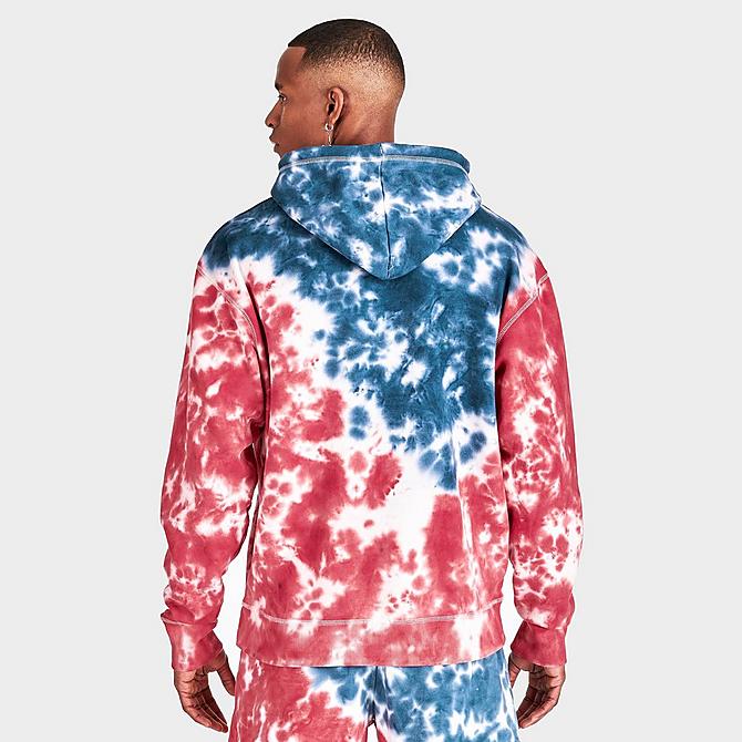 Back Right view of Men's Champion Classic Fleece Unity Dye Pullover Hoodie in Sandalwood Red/Trekking Grey Click to zoom
