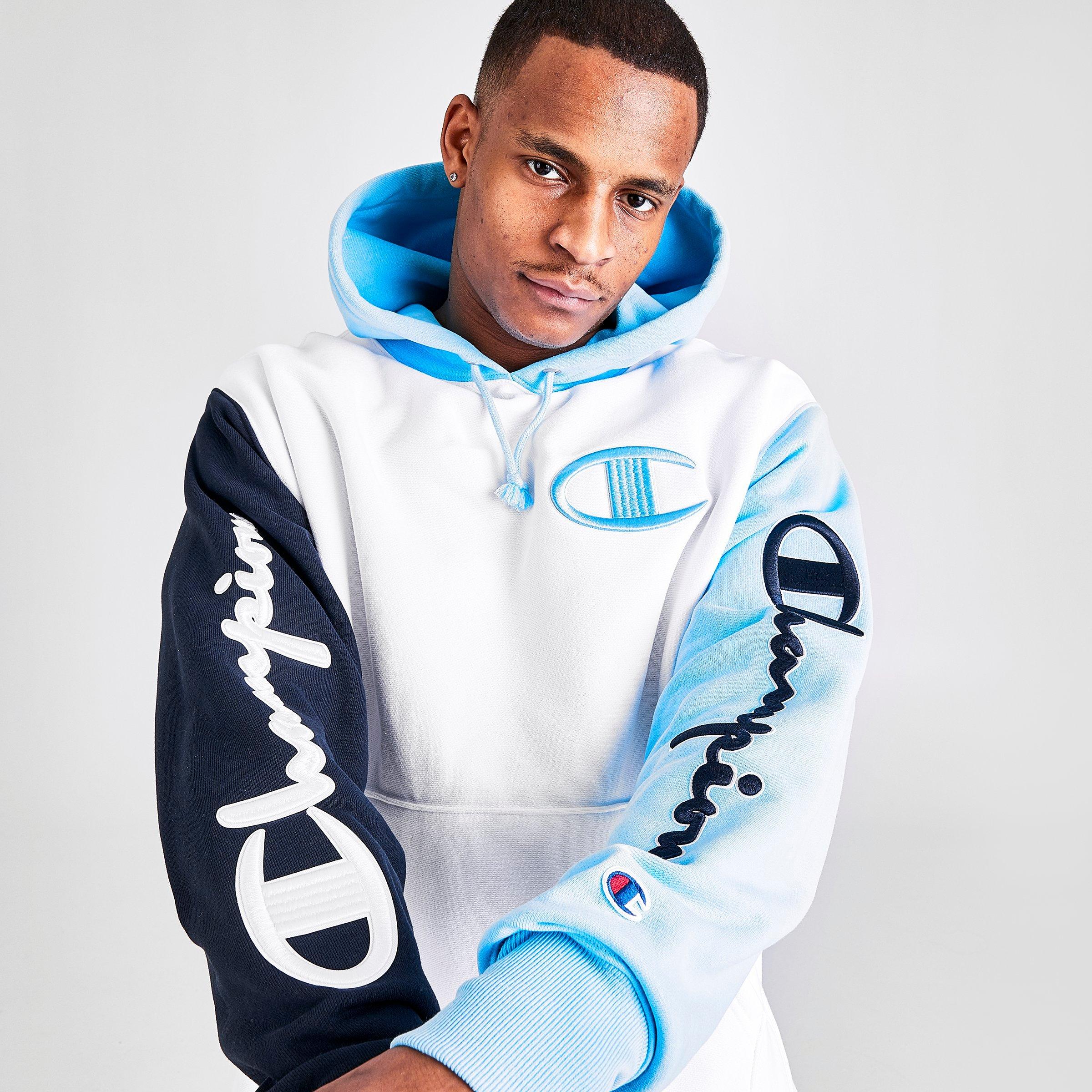 white and blue champion hoodie